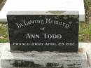 Ann TODD, died 29 April 1982; Appletree Creek cemetery, Isis Shire 