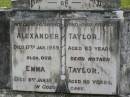 
Alexander TAYLOR,
husband father,
died 17 Jan 1959 aged 83 years;
Emma TAYLOR,
mother,
died 8 Jan 1961 aged 80 years;
Appletree Creek cemetery, Isis Shire
