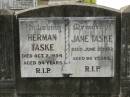 Herman TASKE, died 2 Oct 1954 aged 94 years; Jane TASKE, died 21 June 1952 aged 86 years; Appletree Creek cemetery, Isis Shire 