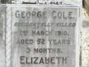 
Isabella COLE,
died 28 March 1948 aged 81 years 6 months;
George COLE,
accidentally killed 2 March 1910
aged 52 years 3 months;
Elizabeth BENSTEAD,
died 1 June 1919 aged 82 years 9 months;
Appletree Creek cemetery, Isis Shire

