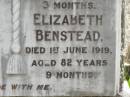 
Isabella COLE,
died 28 March 1948 aged 81 years 6 months;
George COLE,
accidentally killed 2 March 1910
aged 52 years 3 months;
Elizabeth BENSTEAD,
died 1 June 1919 aged 82 years 9 months;
Appletree Creek cemetery, Isis Shire

