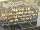 Bertha Alvina Henrietta NEUBAUER, died 29 Dec 1951 aged 81 years; Herbert James NEUBAUER, died 29 June 1973 aged 69 years; Appletree Creek cemetery, Isis Shire  