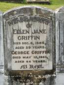 Winifred GRIFFIN, died 8 Jan 1983 aged 88 years; Ellen Jane GRIFFIN, died 6 Dec 1946 aged 89 years; George GRIFFIN, died 12 May 1961 aged 64 years; Appletree Creek cemetery, Isis Shire 