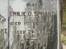 
Antony T. PERSKE,
died 18 May 1911 aged 24 years;
Emilie O. SPRAKE,
died 1 Dec 1906 aged 29 years,
erected by mother C.M. PERSKE;
Appletree Creek cemetery, Isis Shire
