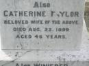 
Alexander TAYLOR,
died 5 Sep 1923 aged 74 years;
Catherine TAYLOR,
wife,
died 22 Aug 1899 aged 46 years;
Winifred,
grandchild,
daughter of Jemima & Charles KING,
died 11 Aug 1899 aged 4 months;
William Thomas Bruce TAYLOR,
son of Alexander and Catherine TAYLOR,
died 1 Oct 1962 aged 68 years;
Appletree Creek cemetery, Isis Shire
