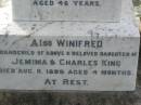 
Alexander TAYLOR,
died 5 Sep 1923 aged 74 years;
Catherine TAYLOR,
wife,
died 22 Aug 1899 aged 46 years;
Winifred,
grandchild,
daughter of Jemima & Charles KING,
died 11 Aug 1899 aged 4 months;
William Thomas Bruce TAYLOR,
son of Alexander and Catherine TAYLOR,
died 1 Oct 1962 aged 68 years;
Appletree Creek cemetery, Isis Shire
