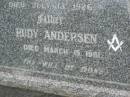 
Jessie ANDERSEN,
mother,
died 13 July 1926;
Rudy ANDERSEN,
father,
died 15 March 1961;
Appletree Creek cemetery, Isis Shire
