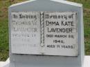 
Thomas W. LAVANDER,
died 28 Aug 1964 aged 87 years;
Emma Kate LAVENDER,
died 29 March 1948 aged 71 years;
Appletree Creek cemetery, Isis Shire
