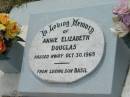 Annie Elizabeth DOUGLAS, died 30 Oct 1969, son Basil; Appletree Creek cemetery, Isis Shire 