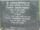 
Francis Joseph SIDNEY,
husband father,
died 9 Dec 1935 aged 61 years;
Alice Laurence SIDNEY,
wife mother,
died 6 May 1954 aged 79 years;
Appletree Creek cemetery, Isis Shire
