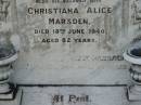 William PARRACK, died 21 Nov 1925 aged 71 years; Christiana Alice MARSDEN, wife, died 18 June 1940 aged 82 years; Martha Ann Alice PARRACK, died 18 Aug 1966 aged 79 years; Appletree Creek cemetery, Isis Shire 