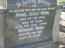 Mabel Cecily WEBB, wife mother, died 11 Feb 1944 aged 55 years; Richard WEBB, father, died 19 June 1950 aged 78 years; Audrey Mabel, infant child; Colin Leslie Waterson, infant child; Margaret Waterson, infant child; Appletree Creek cemetery, Isis Shire 