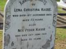 
Lena Christina KASSE,
died 19 Dec 1920 aged 73 years;
Nes Peder KASSE,
died 29 June 1928 aged 85 years;
Mathilda Maria KASSE,
died 18 April 1959 aged 77 years;
Peder Iversen KASSE,
died 20 June 1971 aged 88 years;
Appletree Creek cemetery, Isis Shire
