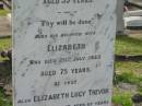 
George TREVOR,
died 26 July 1910 aged 53 years;
Elizabeth,
wife,
died 20 July 1933 aged 75 years;
Elizabeth Lucy TREVOR,
died 27 Jan 1957 aged 67 years;
Appletree Creek cemetery, Isis Shire
