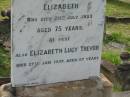 
George TREVOR,
died 26 July 1910 aged 53 years;
Elizabeth,
wife,
died 20 July 1933 aged 75 years;
Elizabeth Lucy TREVOR,
died 27 Jan 1957 aged 67 years;
Appletree Creek cemetery, Isis Shire
