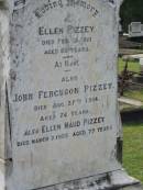 Ellen PIZZEY, died 15 Feb 1910 aged 65 years; John Ferguson PIZZEY, died 27 Aug 1914 aged 74 years; Ellen Maud PIZZEY, died 7 March 1955 aged 77 years; Appletree Creek cemetery, Isis Shire 