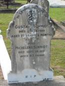 Gustav SCHMIDT, died 12 Jan 1929 aged 77 years 6 months; Michelena SCHMIDT, died 29 Sept 1935 aged 82 years; Appletree Creek cemetery, Isis Shire 