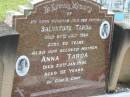 
Salvatore TARDA,
husband father,
died 29 July 1960 aged 60 years;
Anna TARDA,
mother,
died 23 Jan 1992 aged 92 years;
Appletree Creek cemetery, Isis Shire

