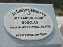 Alexander John DOUGLAS, died 14 April 1962, son Basil; Appletree Creek cemetery, Isis Shire 