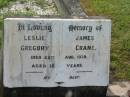 
Leslie James Gregory CRANE,
died 25 Aug 1939 aged 16 years;
Appletree Creek cemetery, Isis Shire
