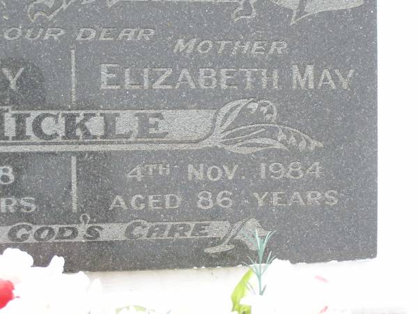 Eric Henry MICKLE,  | father,  | died 4 Sept 1948 aged 46 years;  | Elizabeth May MICKLE,  | mother,  | died 4 Nov 1984 aged 86 years;  | Elvy Myrtle MICKLE,  | sister,  | 2-12-1929 - 16-11-1992;  | Mervyn Herbert MICKLE,  | 19-10-1935 - 12-03-2003,  | son brother uncle;  | Appletree Creek cemetery, Isis Shire  | 