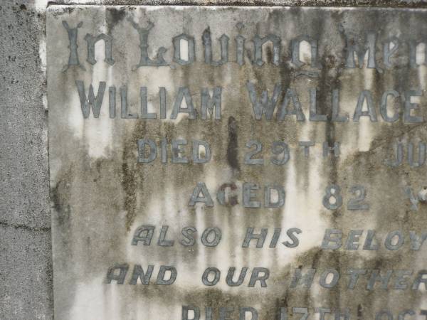 William Wallace GARLAND,  | died 29 July 1958 aged 82 years;  | Elsabe,  | wife mother,  | died 17 Oct 1974 in 98th year;  | Appletree Creek cemetery, Isis Shire  | 