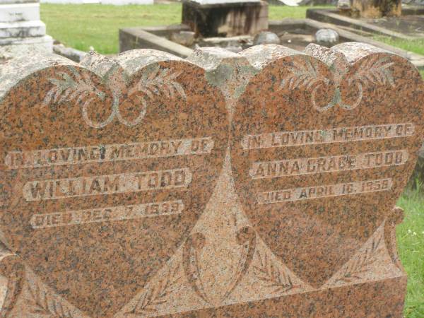 William TODD,  | died 7 Dec 1939;  | Anna Grace TODD,  | died 16 April 1958;  | Appletree Creek cemetery, Isis Shire  | 