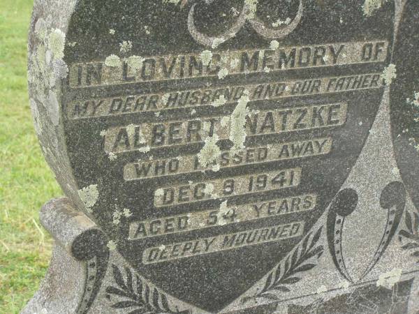 Albert NATZKE,  | husband father,  | died 9 Dec 1941 aged 54 years;  | William Albert (Bill) NATZKE,  | son,  | died 15 Nov 1946 aged 27 years 4 months,  | missed by mother E. NATZKE;  | Appletree Creek cemetery, Isis Shire  | 