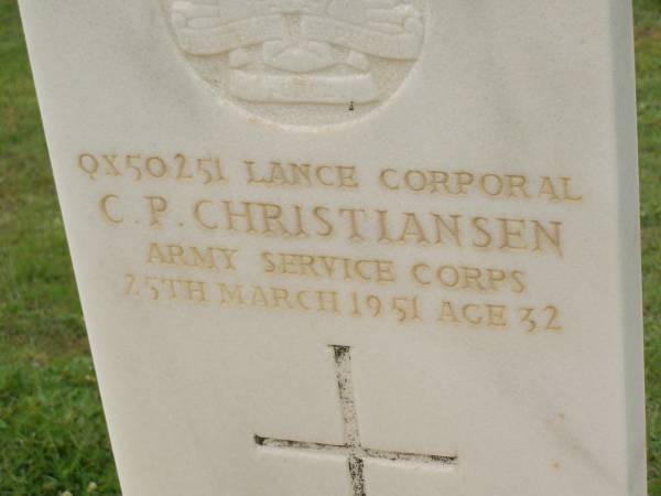 C.P. CHRISTIANSEN,  | died 25 March 1951 aged 32 years,  | loved by wife May & son Barry;  | Appletree Creek cemetery, Isis Shire  | 