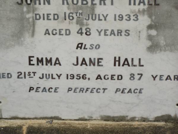 Susan LOY,  | died 19 Feb 1930 aged 84 years;  | John Robert HALL,  | died 16 July 1933 aged 48 years;  | Emma Jane HALL,  | died 21 July 1956 aged 87 years;  | Appletree Creek cemetery, Isis Shire  | 