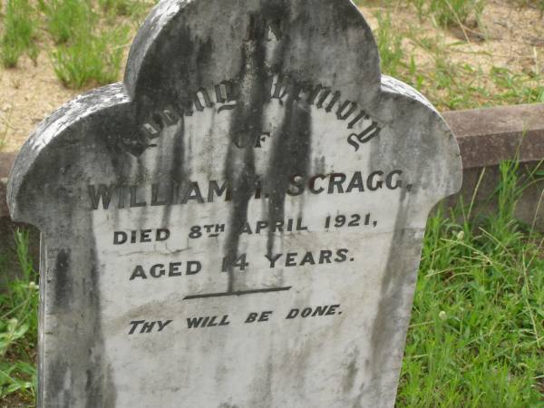 William I. SCRAGG,  | died 8 April 1021 aged 14 years;  | Appletree Creek cemetery, Isis Shire  | 