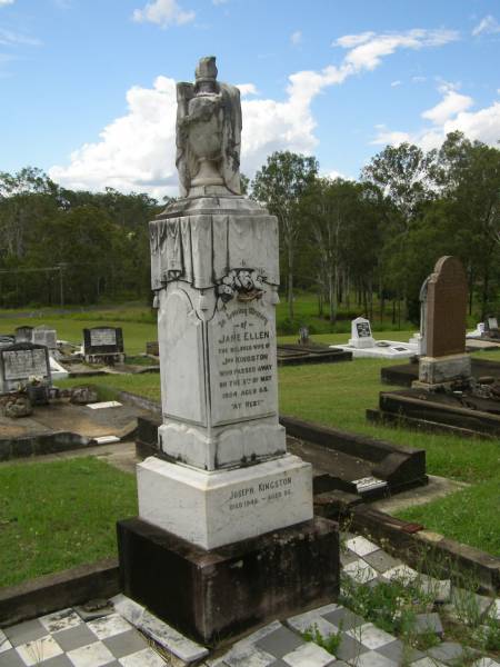 Jane Ellen,  | wife of Jos. KINGSTON,  | died 5 May 1924 aged 65 years;  | Joseph KINGSTON,  | died 1946 aged 92 years;  | Appletree Creek cemetery, Isis Shire  | 