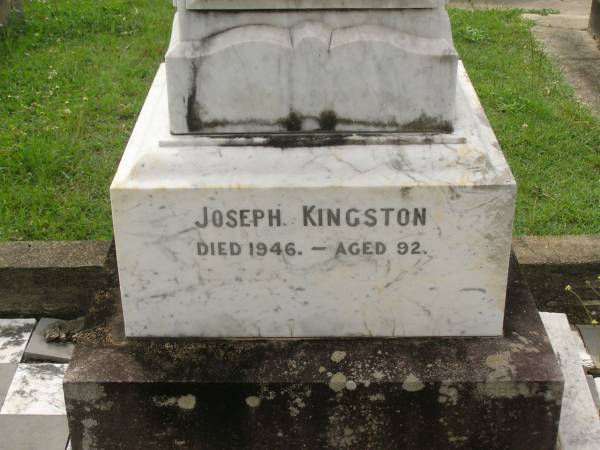 Jane Ellen,  | wife of Jos. KINGSTON,  | died 5 May 1924 aged 65 years;  | Joseph KINGSTON,  | died 1946 aged 92 years;  | Appletree Creek cemetery, Isis Shire  | 