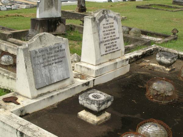Phylis BUNN,  | mother,  | died 3 March 1930;  | Stanley BUNN,  | died 21 Feb 1932;  | Alexander Edward BUNN,  | died 29 April 1941;  | Robert BUNN,  | died 24 April 1949;  | Hazel Jean BUNN nee REDGWELL,  | wife,  | died 23 July 1963 aged 44 years,  | cremated Brisbane;  | Sydney Roy BUNN,  | husband,  | died 28 May 1966 aged 51 years;  | Appletree Creek cemetery, Isis Shire  | Appletree Creek cemetery, Isis Shire  | 