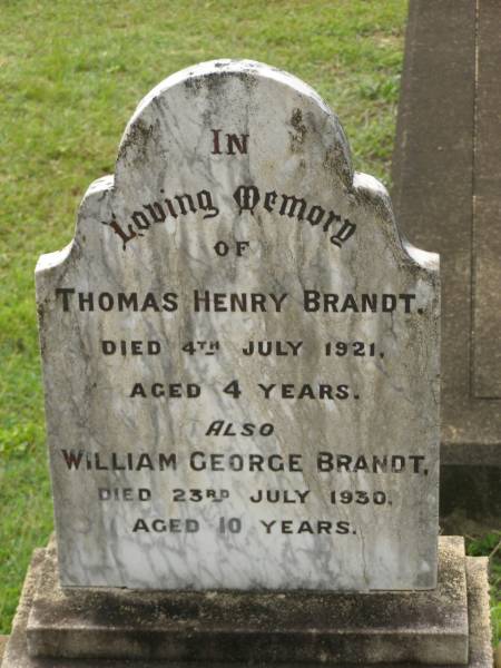 Thomas Henry BRANDT,  | died 4 July 1921 aged 4 years;  | William George BRANDT,  | died 23 July 1930 aged 10 years;  | Appletree Creek cemetery, Isis Shire  | 