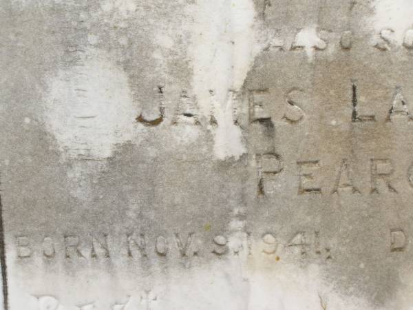 James Charles PEARCE,  | husband father,  | born 3 Aug 1916,  | died 31 July 1941;  | son,  | born 9 Nov 1941,  | died 16 Nov 1941;  | Appletree Creek cemetery, Isis Shire  | 