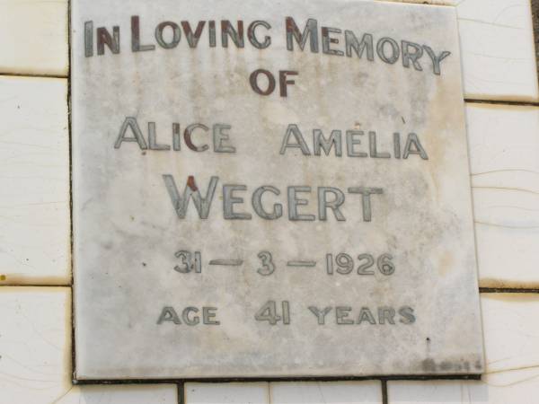 Alice Amelia WEGERT,  | died 31-3-1926 aged 41 years;  | Appletree Creek cemetery, Isis Shire  | 