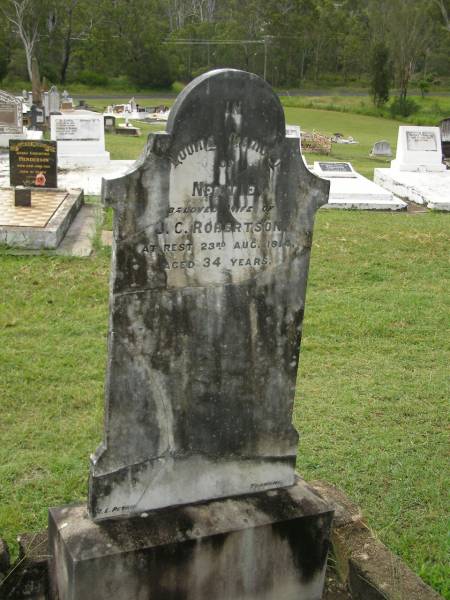 Nettie,  | wife of J.C. ROBERTSON,  | died 23 Aug 1914 aged 34 years;  | Appletree Creek cemetery, Isis Shire  | 