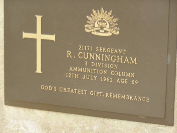 R, CUNNINGHAM,  | died 12 July 1962 aged 69 years;  | Appletree Creek cemetery, Isis Shire  | 