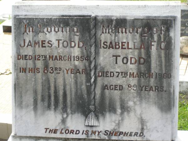 James TODD,  | died 12 March 1954 in 83rd year;  | Isabella F.C. TODD,  | died 7 Mar 1960 aged 89 years;  | Appletree Creek cemetery, Isis Shire  | 