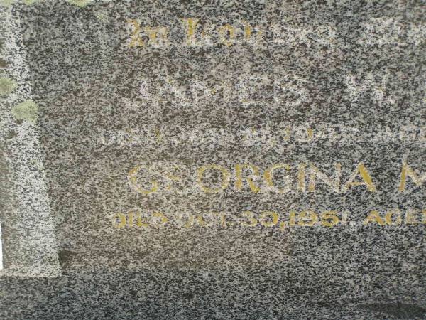 James W. MACKIE,  | died 21 Jan 1947 aged 63 years;  | Georgina MACKIE,  | died 30 Oct 1951 aged 68 years;  | Appletree Creek cemetery, Isis Shire  | 