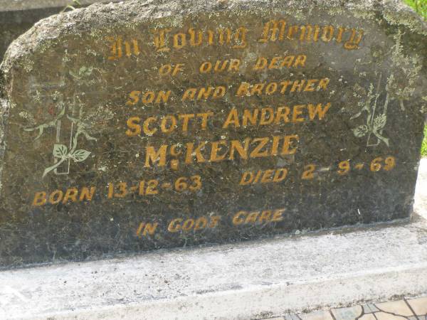 Scott Andrew MCKENZIE,  | son brother,  | born 13-12-63,  | died 2-9-69;  | Appletree Creek cemetery, Isis Shire  | 