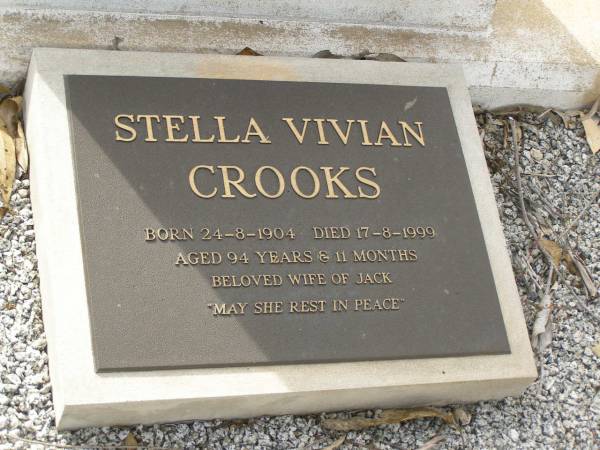 J.A. CROOKS,  | died 6 March 1974 aged 78 years,  | wife Stella,  | daughter Margaret,  | son John;  | Stella Vivian CROOKS,  | born 24-8-1894,  | died 17-8-1999 aged 94 years 11 months,  | wife of Jack;  | Appletree Creek cemetery, Isis Shire  | 