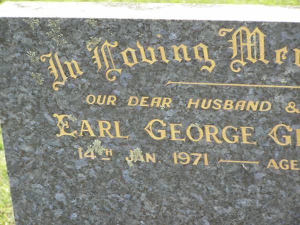 Earl George GILLESPIE,  | husband father,  | died 14 Jan 1971 aged 59 years;  | Jessie,  | sister,  | died 15 Jan 1971 aged 83 years;  | Appletree Creek cemetery, Isis Shire  | 