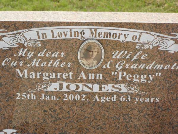 Margaret Ann (Peggy) JONES,  | wife mother grandmother,  | died 25 Jan 2002 aged 63 years;  | Appletree Creek cemetery, Isis Shire  | 