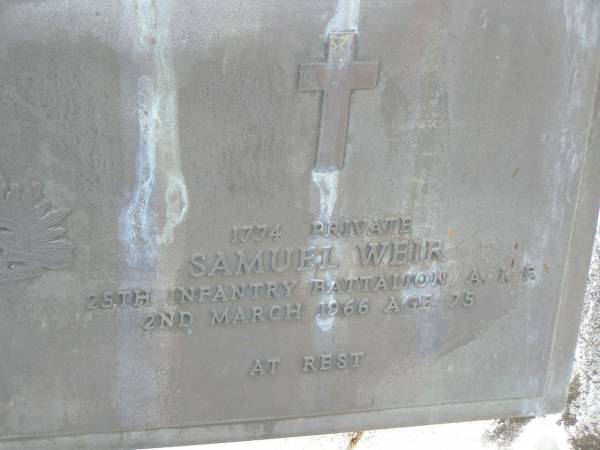 Samuel WEIR,  | died 2 March 1966 aged 75 years;  | Appletree Creek cemetery, Isis Shire  | 