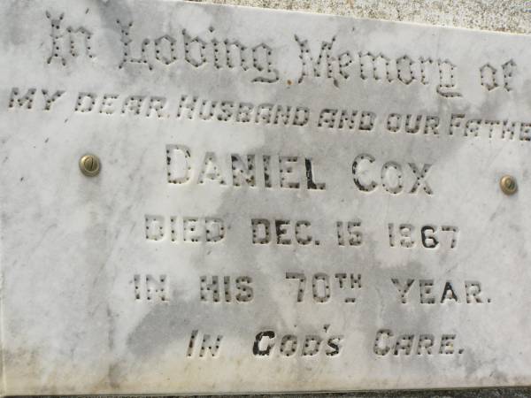 Daniel COX,  | husband father,  | died 15 Dec 1967 in 70th year;  | Appletree Creek cemetery, Isis Shire  | 
