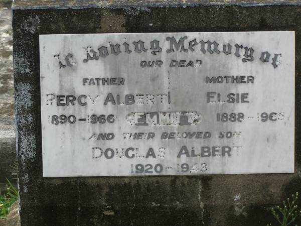 Percy Albert EMMITT,  | father,  | 1890 - 1966;  | Elsie EMMITT,  | mother,  | 1888 - 1965;  | Douglas Albert EMMITT,  | son,  | 1920 - 1943;  | Appletree Creek cemetery, Isis Shire  | 