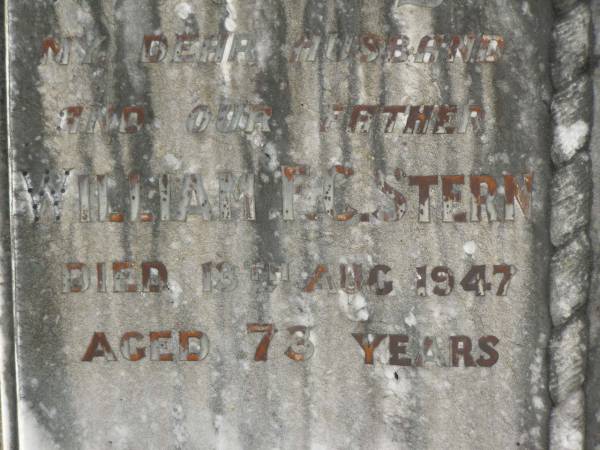 William F.C. STERN,  | husband father,  | died 19 Aug 1947 aged 73 years;  | Jean STERN,  | wife mother,  | died 10 April 1956 aged 76 years;  | Appletree Creek cemetery, Isis Shire  | 