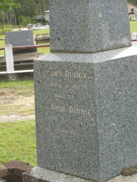 Robert DINNIE,  | died 11-4-1917 aged 73 years;  | Anne DINNIE,  | died 21-7-1929 aged 79? years;  | Appletree Creek cemetery, Isis Shire  | 
